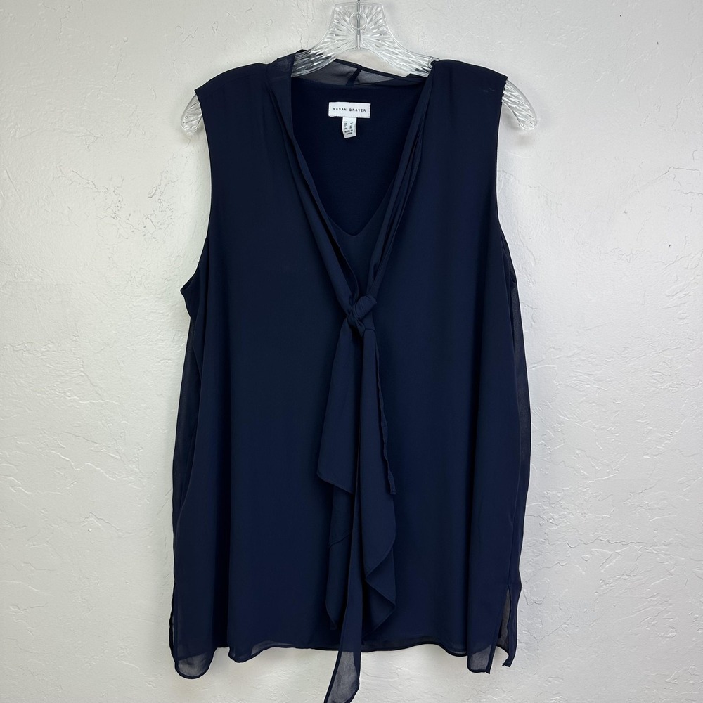 Susan Graver Shirt Womens Large Navy Tie Neck Sleeveless Chiffon Tunic A380022